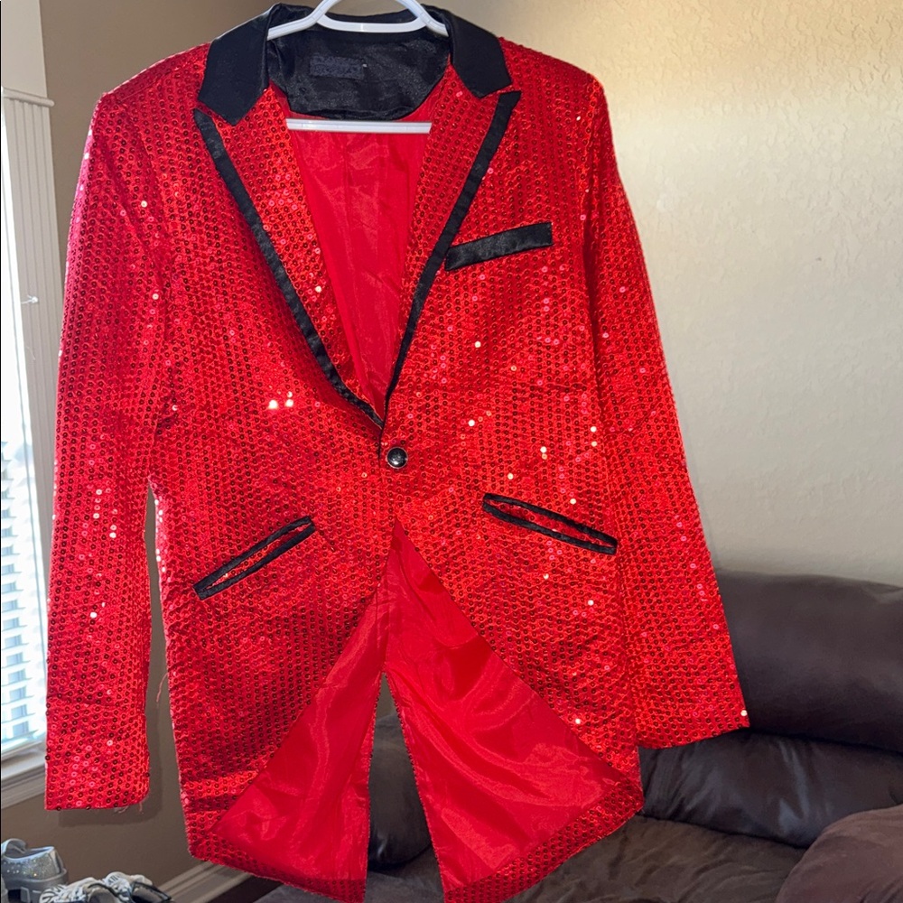 Red Sequin Blazer with Black Trim - Women's Statement Jacket